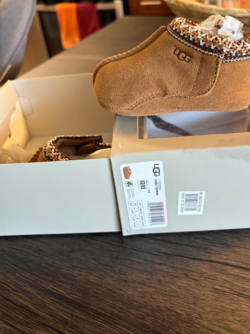 NWT UGG Infant Baby Tasman- Chestnut Brown Suede Booties with Shearling Trim